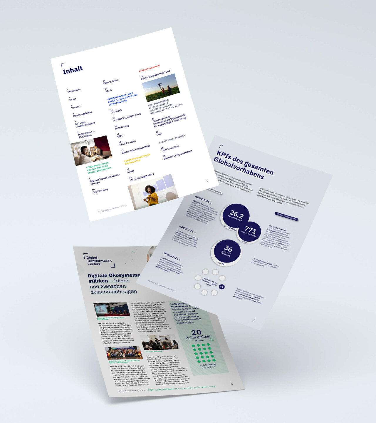 Drei Designdokumente und Layouts f&uuml;r Digital.Global, eine Plattform zur digitalen Entwicklungszusammenarbeit, pr&auml;sentieren Informationsseiten mit Grafiken, Texten und statistischen Elementen in einem professionellen, mehrfarbigen Design.