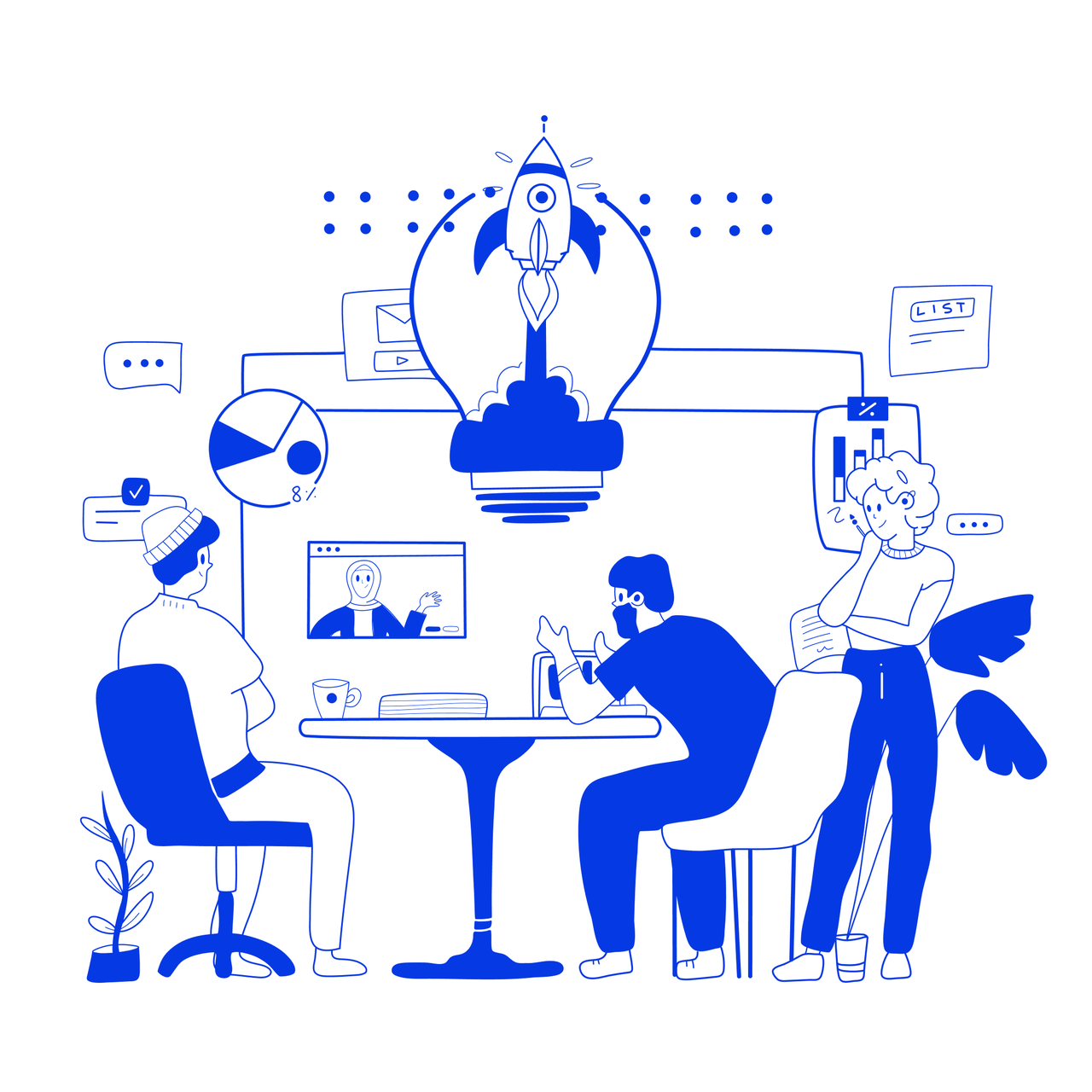 Blau-wei&szlig;e Illustration eines Teamarbeitsplatzes mit Personen, die an Computern arbeiten, einem Raketenstart auf einem Bildschirm und einer Videokonferenz, symbolisiert Kreativit&auml;t und digitale Zusammenarbeit in einem modernen B&uuml;roumfeld.