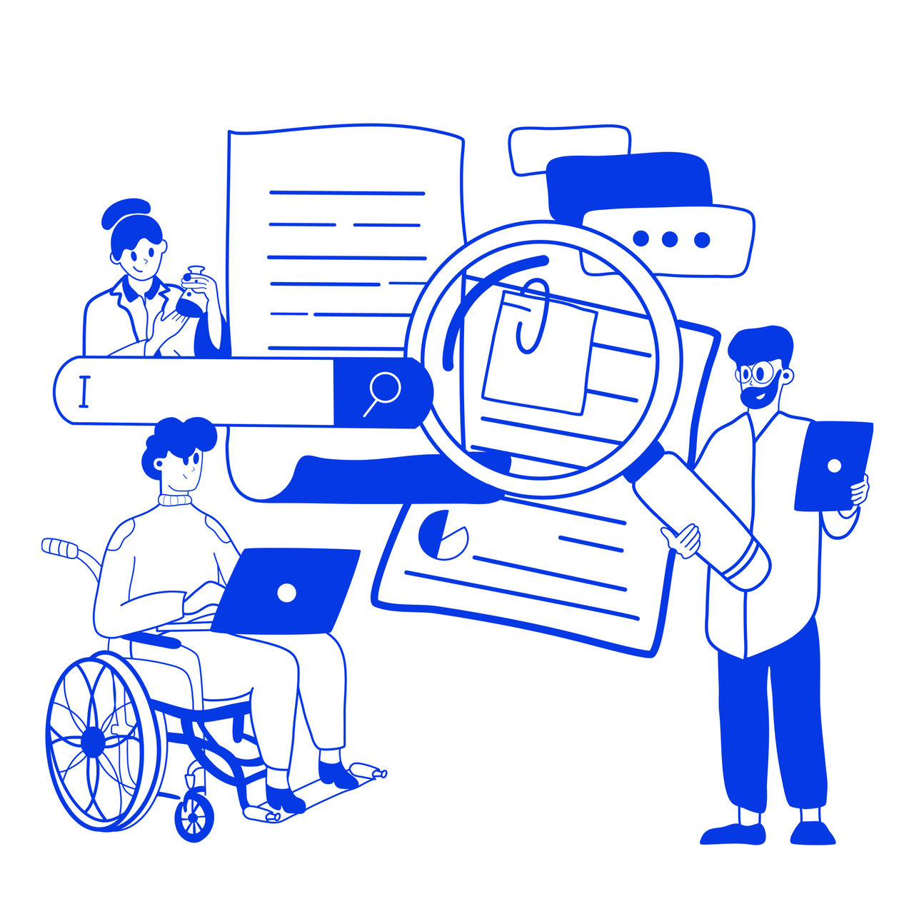 Vier Menschen arbeiten zusammen an digitaler Barrierefreiheit: Eine Person im Rollstuhl an einem Laptop, eine Person mit Lupe, die Dokumente analysiert, eine Person an einem Telefon und eine Person mit einem Tablet. Die Grafik symbolisiert Inklusion und digitale Zusammenarbeit in blauer Monochromie.