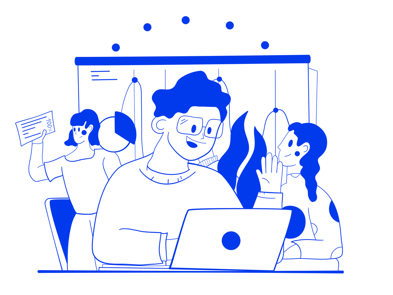 Drei Personen arbeiten zusammen in einem B&uuml;ro, einer sitzt an einem Laptop, eine h&auml;lt ein Dokument und eine steht daneben. Blaue Grafik zeigt eine kreative Teamarbeitssituation mit modernem Design.