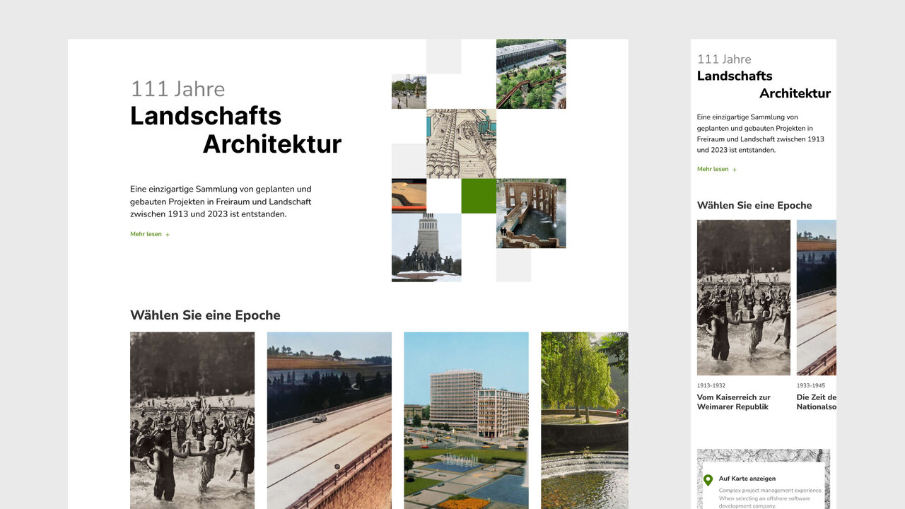 Webseite zum 111-j&auml;hrigen Jubil&auml;um des Bundes Deutscher Landschaftsarchitekten mit einem modularen Designsystem. Collage aus historischen Schwarzwei&szlig;fotos und zeitgen&ouml;ssischen Landschaftsarchitektur-Bildern, die verschiedene Epochen und Entwicklungen in der Landschaftsarchitektur Deutschlands visualisiert.