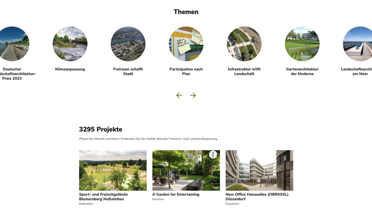 Modulares Webdesign-System f&uuml;r den Bundesverband Landschaftsarchitektur mit thematischer &Uuml;bersicht und Projektvorschau, zeigt verschiedene Designelemente und Layouts f&uuml;r Websites und digitale Pr&auml;sentationen.