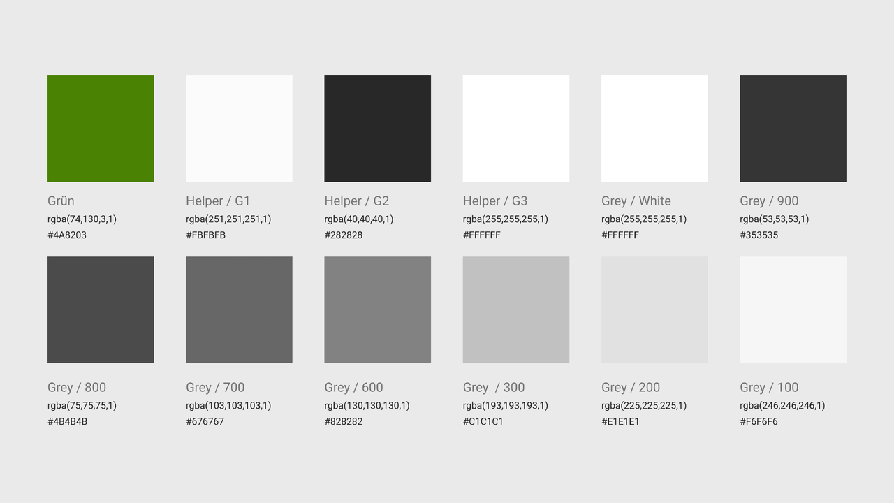 Designsystem-Farbpalette mit elf Farbfeldern in Gr&uuml;nt&ouml;nen, Graut&ouml;nen und Schwarzwei&szlig;nuancen, die verschiedene Abstufungen und Helligkeitsstufen f&uuml;r ein modulares Designkonzept zeigen.