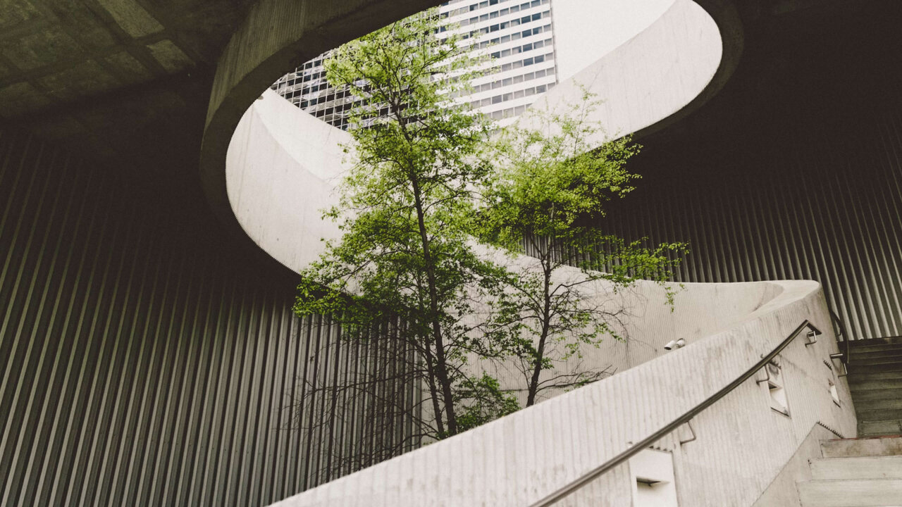 Wei&szlig;e geschwungene Betonarchitektur mit einer gr&uuml;nen Baum, der durch die geschwungenen Linien und Ebenen w&auml;chst. Die Struktur kombiniert organische und geometrische Elemente in einem minimalistischen st&auml;dtischen Kontext.