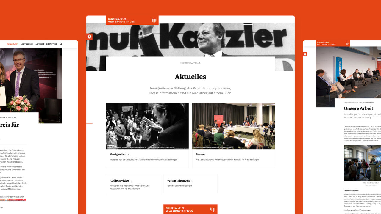 Screenshots der Willy-Brandt-Website mit orangefarbenem Design, zeigt verschiedene Seitenansichten und Layouts mit Schwarz-Wei&szlig;-Fotos und Inhaltsbl&ouml;cken im modernen, klaren Webdesign.