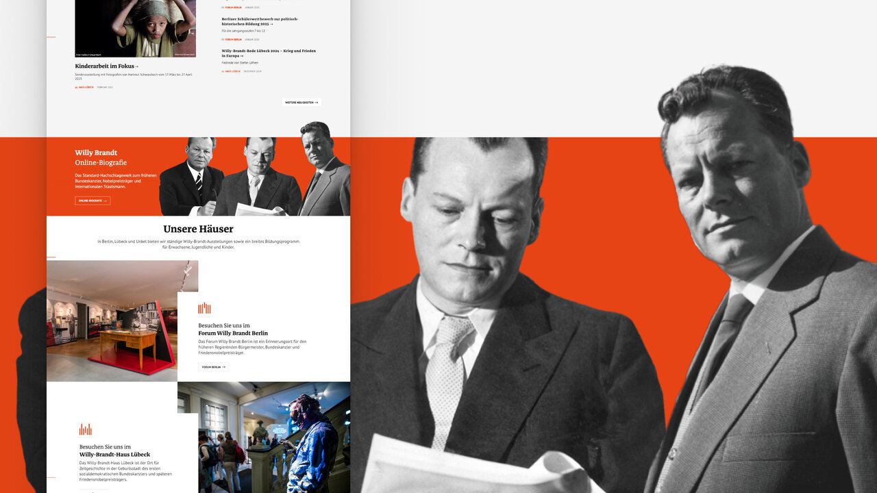 Zwei historische Schwarz-Wei&szlig;-Portr&auml;ts von Willy Brandt vor einem orangefarbenen Hintergrund, umgeben von Webelementen und Screenshots einer Projektwebsite &uuml;ber sein Leben und politisches Wirken.