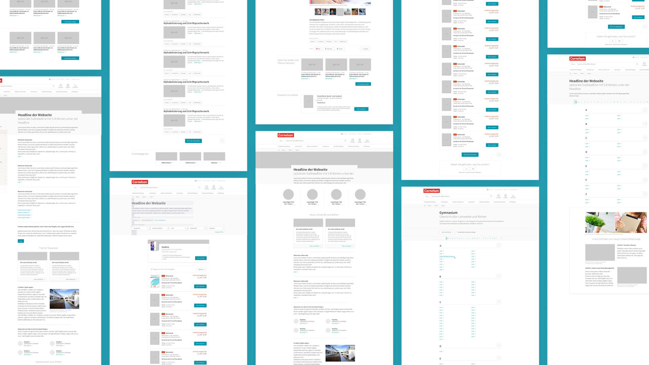 Responsive Website-Design f&uuml;r den Cornelsen Verlag mit modularer Struktur, die Bildungsinhalte &uuml;bersichtlich und benutzerfreundlich pr&auml;sentiert. Screenshot zeigt verschiedene Ansichten und Layouts des redesignten Webauftritts mit klarer Typografie und intuitivem Navigationskonzept.