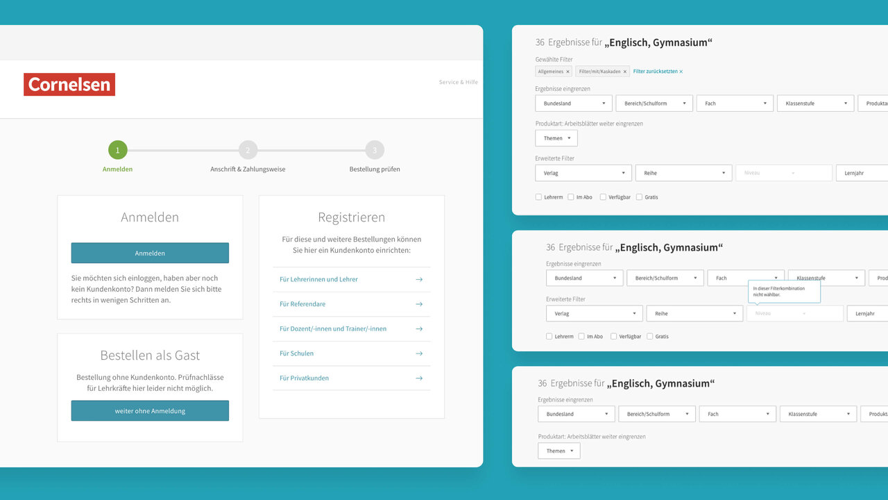 Anmelde- und Registrierungsseite des Cornelsen Verlags mit klarer, modularer Webdesign-Oberfl&auml;che in Blau- und Wei&szlig;t&ouml;nen, die eine &uuml;bersichtliche Navigation durch Bildungsangebote erm&ouml;glicht.