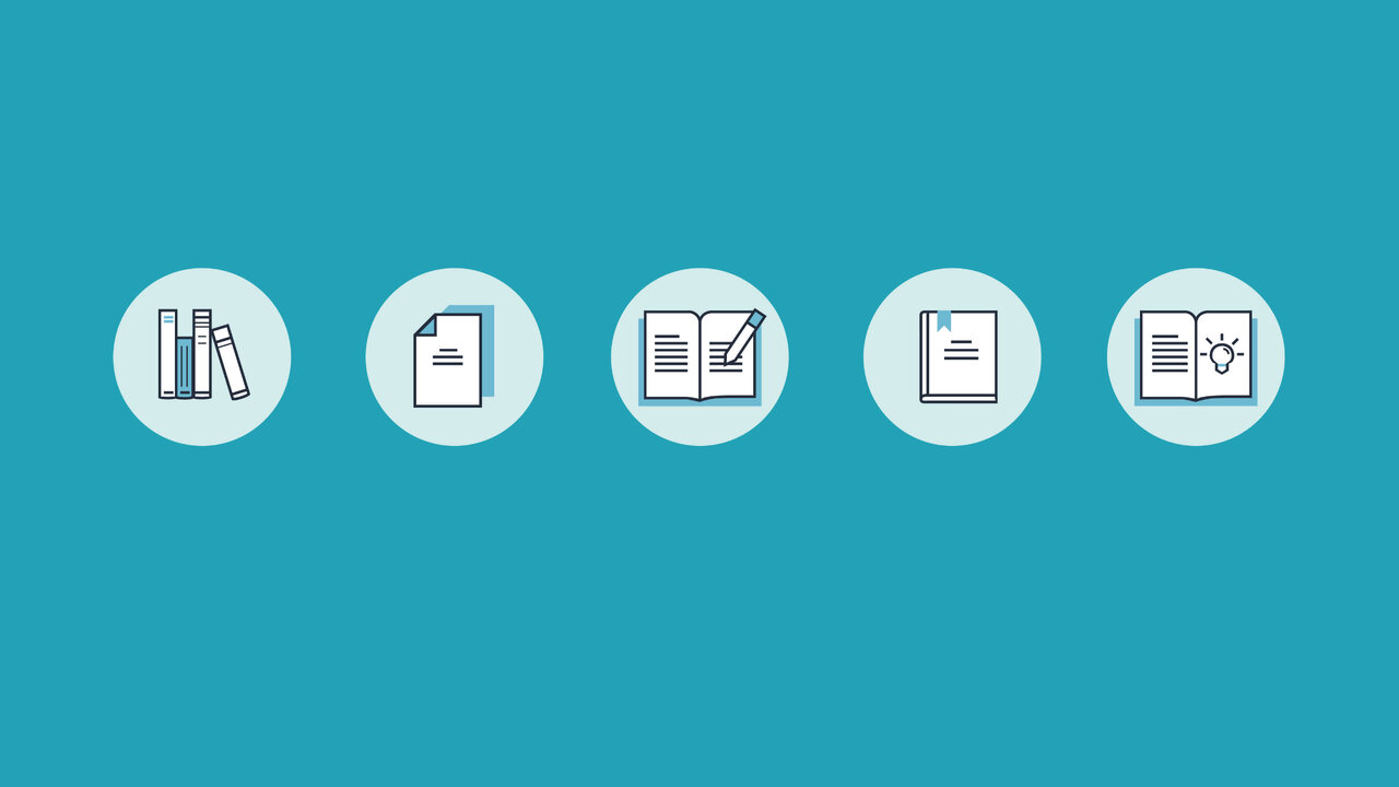 F&uuml;nf minimalistische Icons in Kreisen, die verschiedene Phasen des Lernens und Dokumentierens darstellen: B&uuml;cher, Dokument, Bearbeitung, Lesezeichen und eine Idee oder Inspiration.