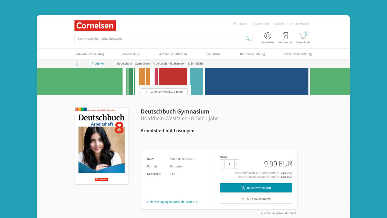 Produktseite des Cornelsen Verlags f&uuml;r ein Deutschbuch Gymnasium mit Buchcover, Preisinformationen und Webdesign-Interface in klaren, strukturierten Farben und Layouts.