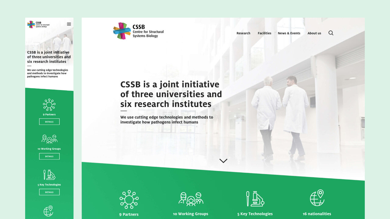 Startseite der CSSB-Website mit gr&uuml;ner Seitenleiste und wei&szlig;em Hauptbereich, auf dem zwei Personen in wei&szlig;en Kitteln zu sehen sind, die einen technischen oder wissenschaftlichen Bereich darstellen.