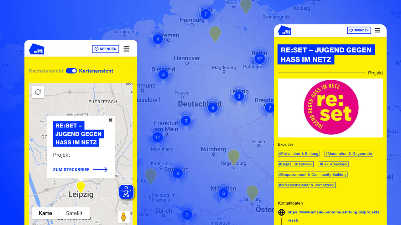 Drei Screenshots der Webseite "re:set - Jugend gegen Hass im Netz" mit blauer und gelber Farbgestaltung, zeigen eine Landkarte von Deutschland mit blauen Markierungen und die responsive Ansicht der Website auf verschiedenen Bildschirmgr&ouml;&szlig;en.