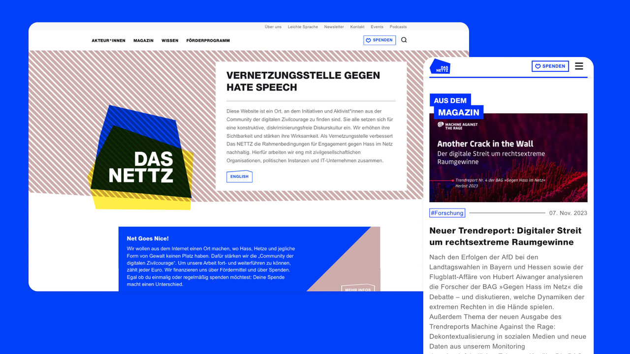 Screenshots einer Website f&uuml;r "Das NETTZ", eine Vernetzungsstelle gegen Hass im Netz, mit blau-rotem Design und &Uuml;berschrift "Vernetzungsstelle gegen Hass im Netz" in verschiedenen Ansichten und Aufl&ouml;sungen.