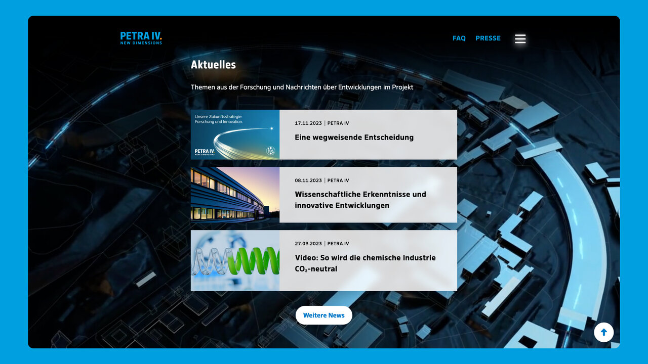 Projekt-Website f&uuml;r PETRA IV mit moderner, technologisch anmutender Benutzeroberfl&auml;che und dynamischem blau-grauem Design, die aktuelle Forschungsereignisse und Neuigkeiten &uuml;ber das 3D-R&ouml;ntgenmikroskop pr&auml;sentiert.