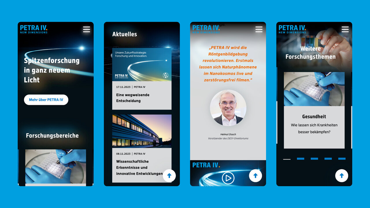 Mobile Webseitendesign f&uuml;r PETRA IV, eine Forschungseinrichtung. Vier Smartphone-Bildschirme zeigen verschiedene Ansichten der responsiven Website mit Informationen zu Forschungsbereichen, aktuellen Neuigkeiten und wissenschaftlichen Themen.