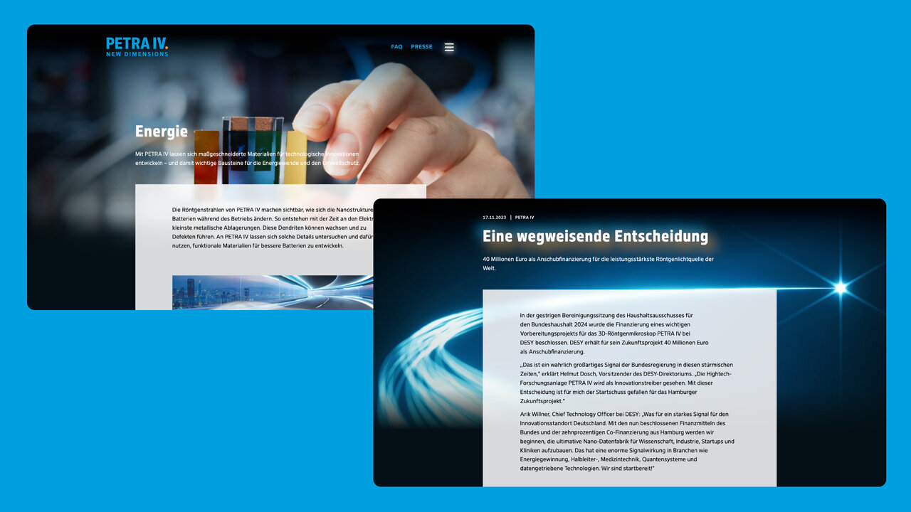 Zwei Screenshots der Projekt-Website f&uuml;r PETRA IV, die einen modernen Webdesign-Entwurf mit technologischer &Auml;sthetik und wissenschaftlicher Themenwelt zeigen, mit Fokus auf Energie und Forschung.