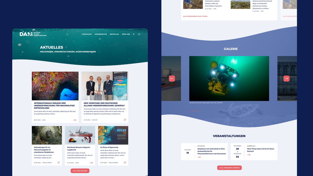 Webdesign-Mockup der Deutschen Allianz Meeresforschung (DAM) Website mit modularem Layout, bestehend aus Aktuellem-Sektion, Galerie-Bereich und responsivem Design in Blau- und Gr&uuml;nt&ouml;nen.