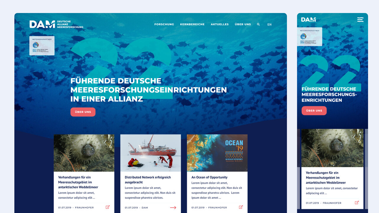 Website-Design f&uuml;r die Deutsche Allianz Meeresforschung (DAM) mit blauer Unterwasser-Grafik und modularer Seitenstruktur, die verschiedene Inhalte zu Meeresforschung pr&auml;sentiert.