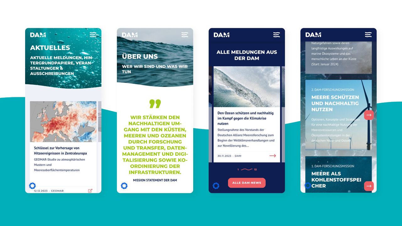 Mobile Website-Screens f&uuml;r die Deutsche Allianz Meeresforschung (DAM) in verschiedenen Ansichten und Farbschemen. Design zeigt modulare Webseiten-Layouts mit Inhalten zu Meeresforschung, Nachrichten und wissenschaftlichen Themen in t&uuml;rkis, blau und wei&szlig;en Farbtonalit&auml;ten.