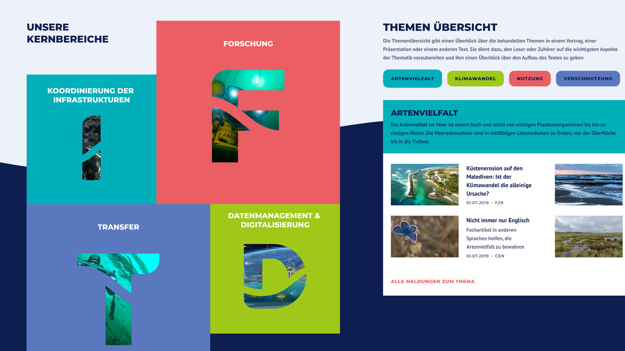 Modulares Webdesign f&uuml;r die Deutsche Allianz Meeresforschung mit farbenfrohen Sektionen, die verschiedene Kernbereiche wie Forschung, Transfer und Datenmanagement grafisch darstellen, sowie eine Themen&uuml;bersicht mit Navigationselementen.