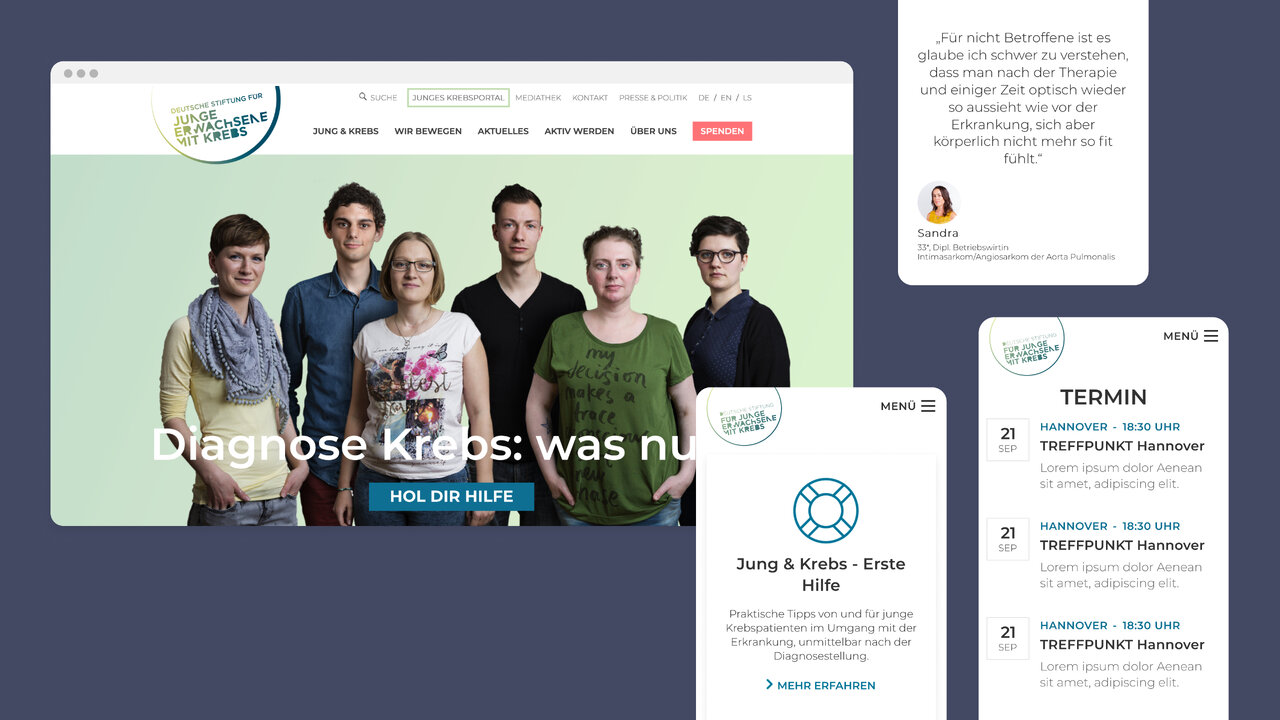 Sechs junge Menschen stehen vor einem hellgr&uuml;nen Hintergrund, repr&auml;sentativ f&uuml;r die Zielgruppe junger Erwachsener mit Krebs, als Teil der visuellen Kommunikation f&uuml;r die Deutsche Stiftung.