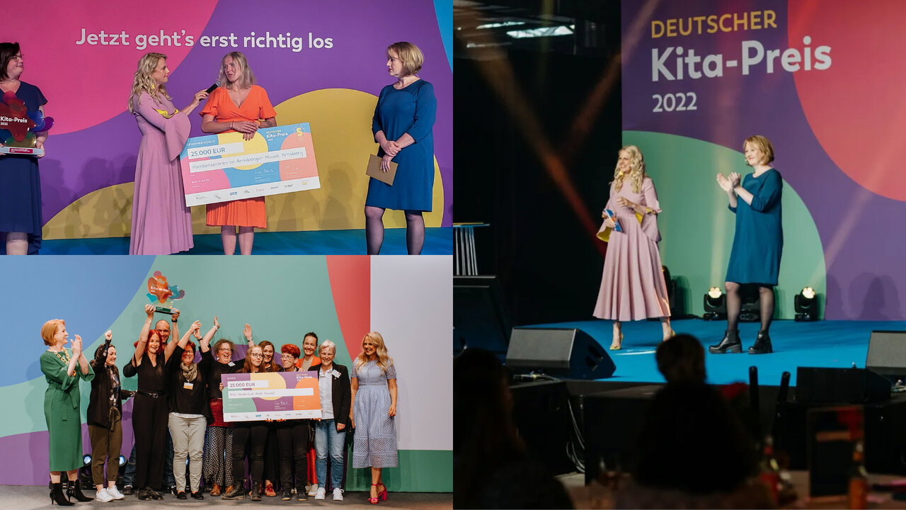 Mehrere Szenen der Preisverleihung des Deutschen Kita-Preises 2022 mit Personen auf der B&uuml;hne, die Auszeichnungen und einen bunten symbolischen Scheck entgegennehmen. Die Veranstaltung ist farbenfroh gestaltet mit lila, rosa und gr&uuml;nen Hintergr&uuml;nden und zeigt Momente der Ehrung und Freude.