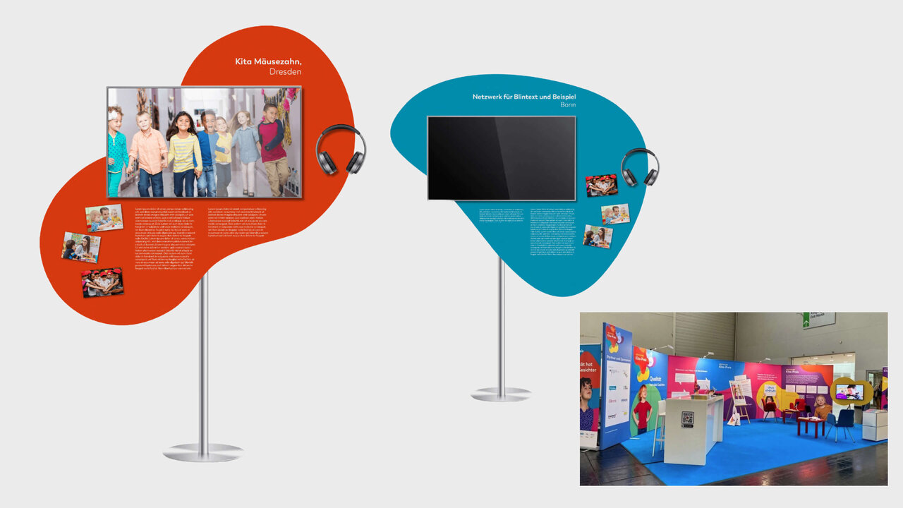 Zwei geschwungene Infotafeln in Rot und Blau mit Fotos von Menschen, Screenshots und einem Monitor, die Projektdetails zum Deutschen Kitapreis f&uuml;r das Bundesministerium f&uuml;r Familie, Senioren, Frauen und Jugend pr&auml;sentieren.