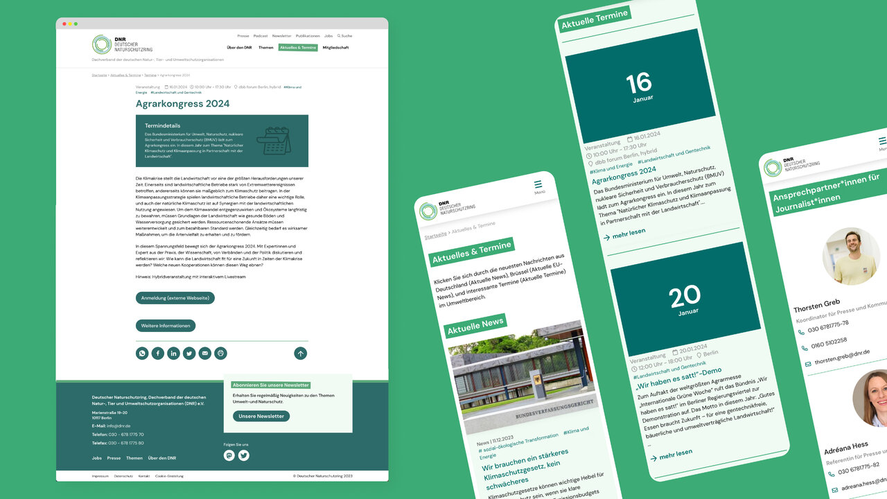 Responsive Website-Design f&uuml;r den Deutschen Naturschutzring (DNR) mit gr&uuml;ner Farbpalette, zeigt Desktop- und Mobile-Ansichten der neugestalteten Website mit klarem, inhaltsorientierten Layout.