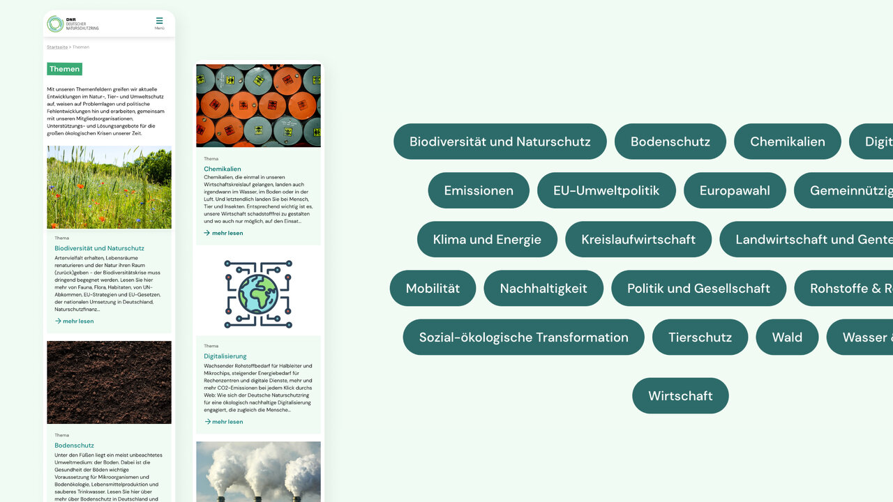 &Uuml;bersichtliche Webseite mit Themenbereichen des Naturschutzes in dunkelgr&uuml;nen Kacheln, wie Biodiversit&auml;t, Klimaschutz, Landwirtschaft und Tierschutz, neben Fotografien von Naturlandschaften und Umweltthemen.