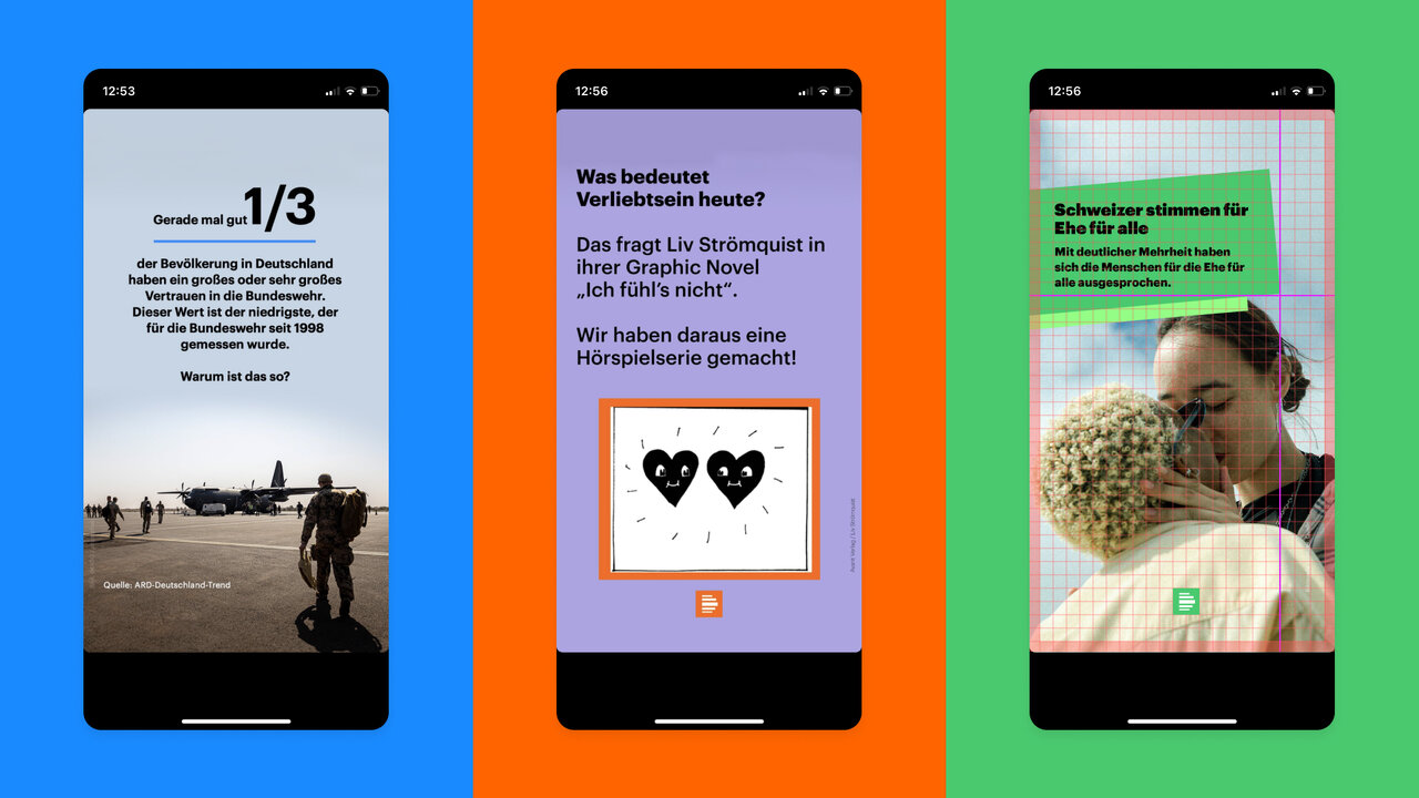 Drei Smartphone-Bildschirme mit verschiedenen Design-Elementen in Blau, Orange und Gr&uuml;n, die Screenshots einer Podcast- oder Medien-Plattform zeigen, mit grafischen Elementen wie Silhouetten, Herzen und einer umarmenden Person.