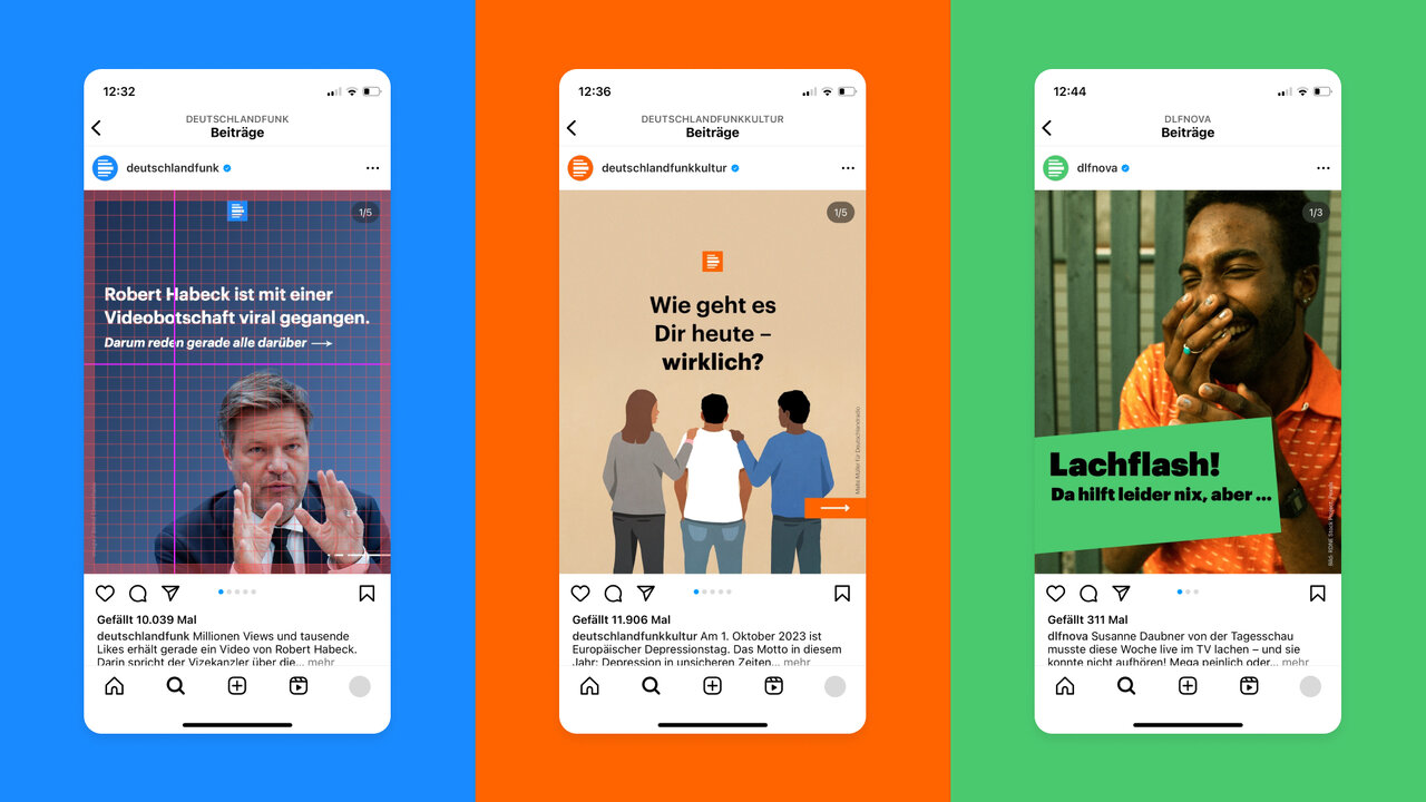 Drei Smartphone-Bildschirme mit Social-Media-Posts in Blau, Orange und Gr&uuml;n, die verschiedene Inhalte und Grafiken f&uuml;r Deutschlandradio zeigen, darunter ein Interview-Screenshot, eine Grafik mit zwei Personen und ein Lachflash-Post.