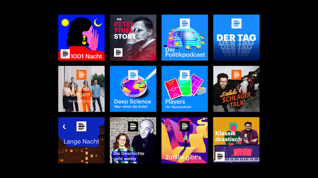 Zw&ouml;lf Podcast-Cover-Designs f&uuml;r verschiedene Sendungen von Deutschlandradio, darunter Nacht, Politik, Deep Science und andere, in einem bunten, grafischen Raster angeordnet mit unterschiedlichen Illustrationsstilen und Farbpaletten.