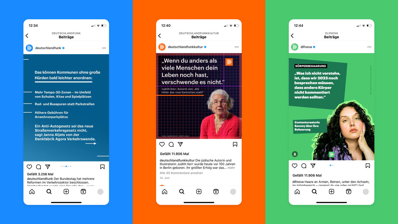 Drei Smartphone-Bildschirme zeigen Social-Media-Posts von Deutschlandradio mit unterschiedlichen Farbhintergr&uuml;nden: Blau, Orange und Gr&uuml;n. Die Posts pr&auml;sentieren Text und Bilder in einem einheitlichen Design f&uuml;r Podcast- und Kampagnenmaterialien.