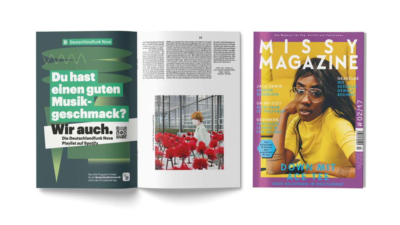 Drei Magazine nebeneinander - ein gr&uuml;nes mit Text zu gutem Musikgeschmack, ein Schwarz-Wei&szlig;-Foto mit roten Elementen und ein gelbes Missy Magazine mit einer Person mit Brille in einem gelben Outfit.