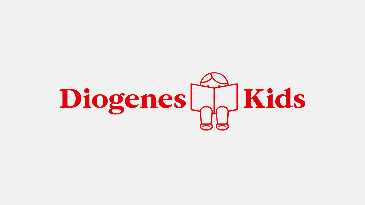 Rotes Logo f&uuml;r Diogenes Kids mit einem stilisierten lesenden Fig&uuml;rchen, das ein aufgeschlagenes Buch symbolisiert, kreativ und kindgerecht gestaltet.