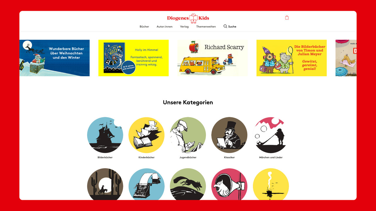 Websitedesign f&uuml;r Diogenes Kids mit bunten, illustrativen Kategoriesymbolen in Kreisform, die verschiedene Buchgenres und Stile repr&auml;sentieren, vor einem rot-gelben Hintergrund mit Navigation und Headerbereich.