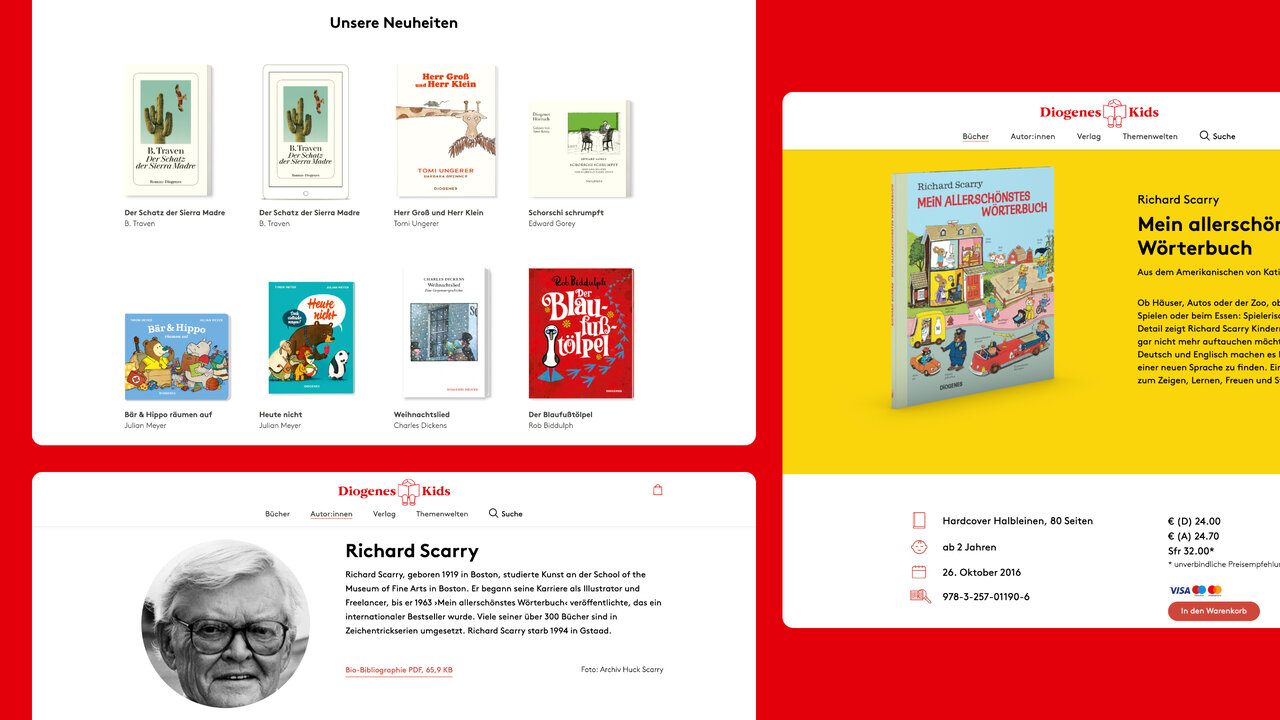 Webdesign f&uuml;r Diogenes Kids, zeigt Screenshots der Buchseiten und Portr&auml;t von Richard Scarry, mit Vorschau verschiedener Kinderb&uuml;cher auf rotem und gelbem Hintergrund.