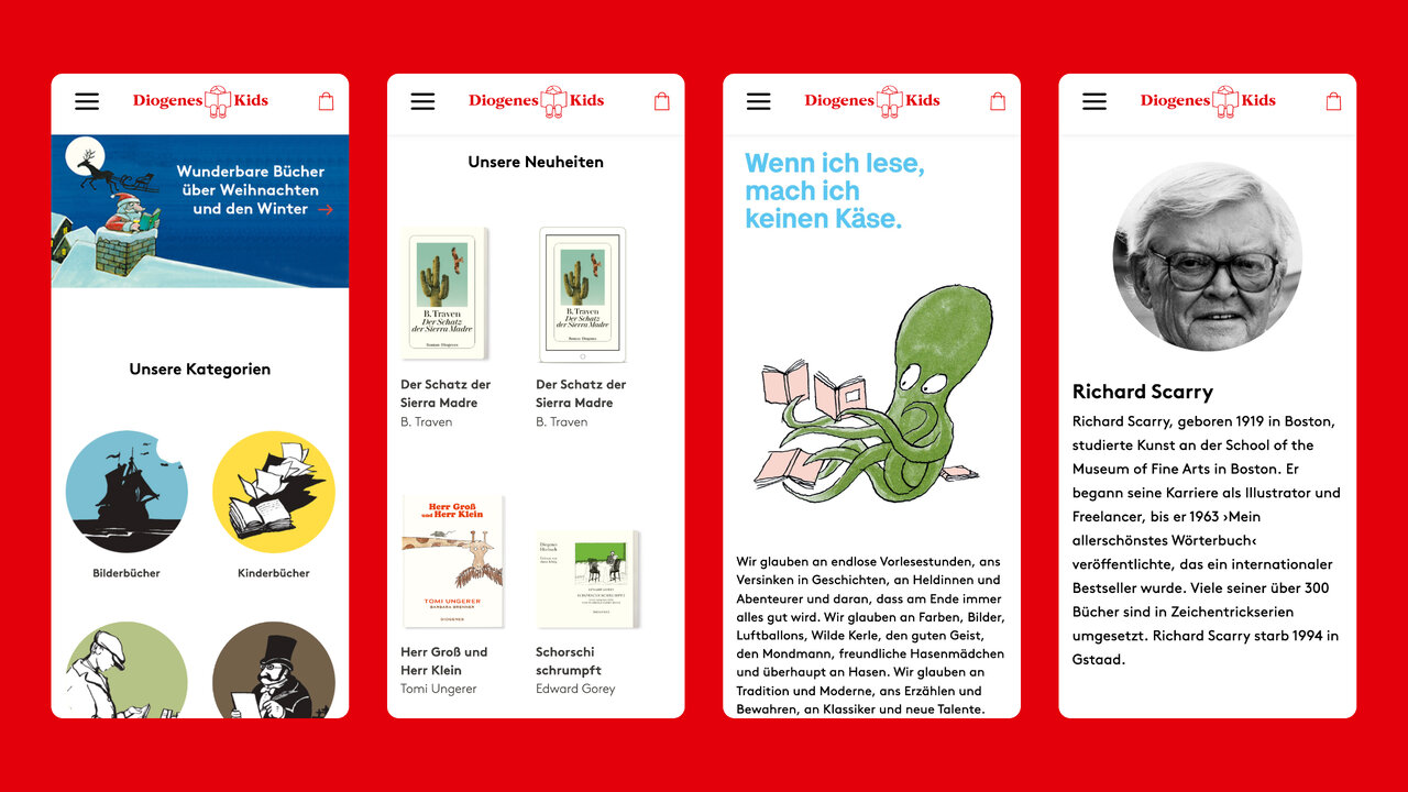 Vier Screenshots der neu gestalteten Diogenes Kids Website mit verschiedenen Ansichten, die eine kindgerechte und &uuml;bersichtliche Benutzeroberfl&auml;che mit Buchillustrationen, Kategorien und einem Portr&auml;t zeigen.