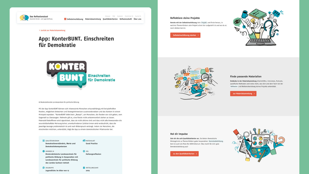 Webdesign f&uuml;r KonterBUNT, ein digitales Reflexionstool der Deutschen Kinder- und Jugendstiftung zur Demokratiebildung. Darstellung von Webseiten-Screenshots und Illustrationen, die die Benutzeroberfl&auml;che und Funktionen der Plattform veranschaulichen.