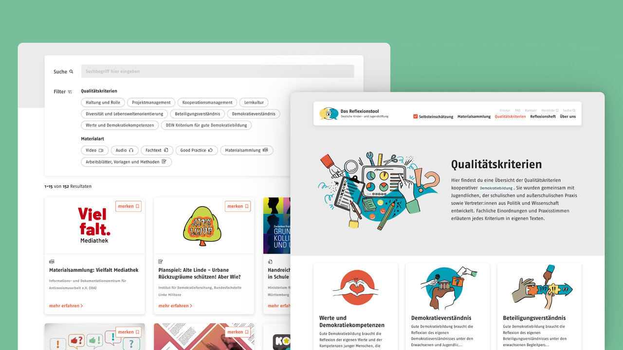 Screenshots von zwei Webseiten des digitalen Reflexionstools f&uuml;r Demokratiebildung, die Qualit&auml;tskriterien und Seitendesign mit illustrativen Icons und Layouts in gr&uuml;n-blauer Farbgestaltung zeigen.