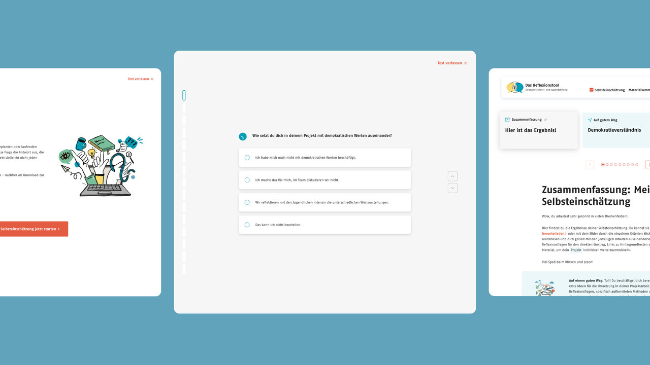 Drei Bildschirme des digitalen Reflexionstools der Deutschen Kinder- und Jugendstiftung, die eine webbasierte Benutzeroberfl&auml;che zur systematischen Reflexion von Demokratiebildungsprojekten zeigen. Die Screenshots pr&auml;sentieren verschiedene Ansichten und Funktionen des Tools mit einem blauen Farbdesign.