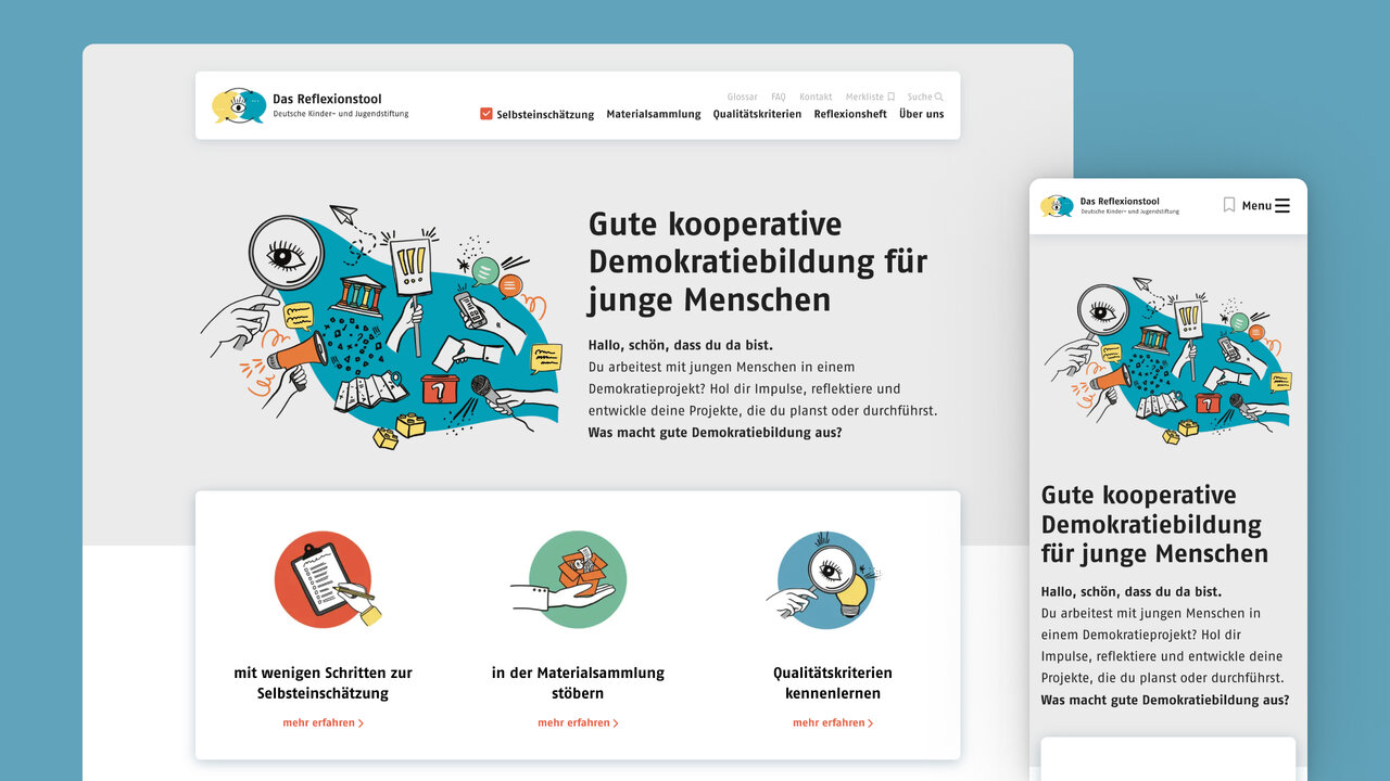 Responsive Webdesign f&uuml;r ein digitales Reflexionstool der Deutschen Kinder- und Jugendstiftung mit einer verspielten, blauen Grafik und &uuml;bersichtlichen Seitennavigation zur kooperativen Demokratiebildung f&uuml;r junge Menschen.