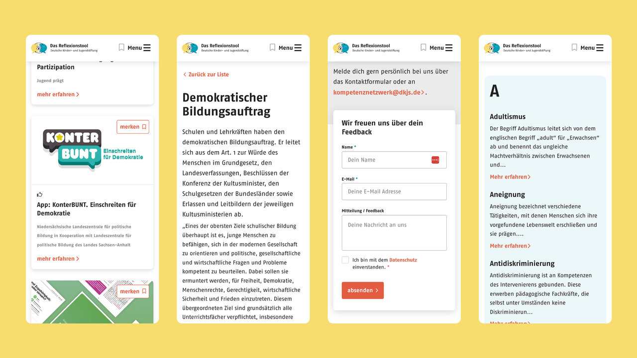 Mehrere Bildschirmansichten der digitalen Reflexionstool-Webseite mit verschiedenen Designelementen und Seitenvorlagen in Gelb, Wei&szlig; und mit grafischen Akzenten, die eine benutzerfreundliche Oberfl&auml;che f&uuml;r p&auml;dagogische Fachkr&auml;fte zur Reflexion von Demokratiebildungsprojekten zeigen.