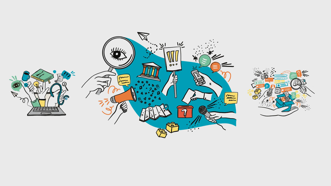 Stilisierte Illustration mit drei verschiedenen Grafiken, die digitale Interaktion, Datenanalyse und kreative Kommunikation symbolisieren. Dynamische blaue und graue Bildkomposition mit Symbolen wie Lupe, Laptop, Sprechblasen und abstrakten Hands-Elementen, die Vernetzung und Informationsaustausch darstellen.