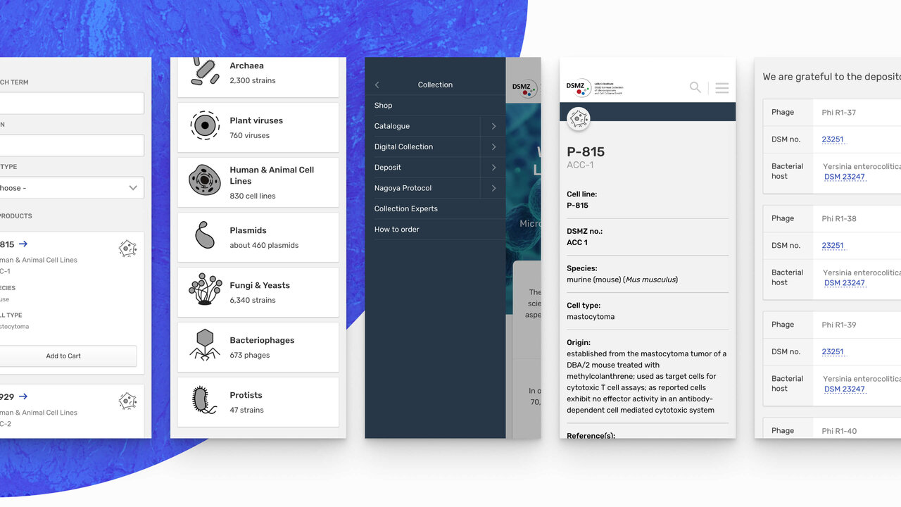 Benutzeroberfl&auml;che einer Webanwendung mit Navigation, Seitenleiste und Detailansicht, die einen mehrspaltigen Screenshot eines responsiven Webdesigns f&uuml;r eine wissenschaftliche Plattform zeigt.