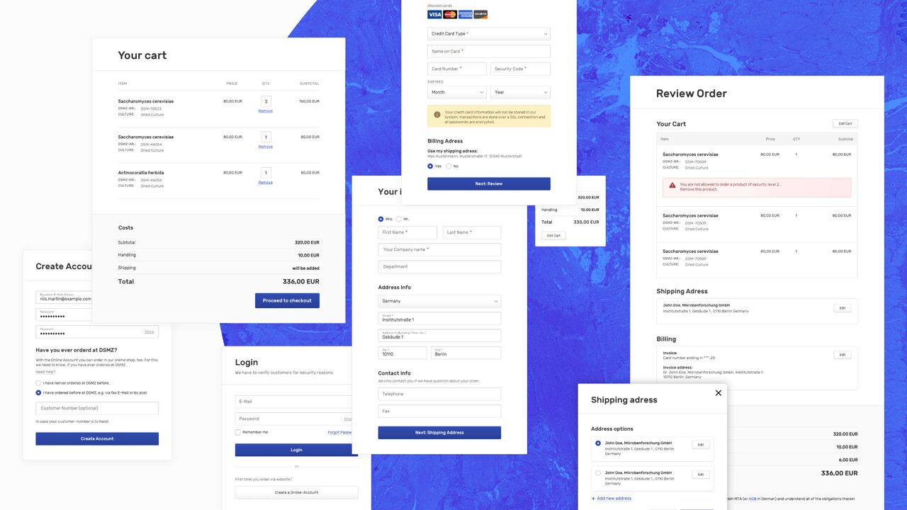 Website-Design-Komponenten f&uuml;r einen wissenschaftlichen Online-Shop mit mehreren Bildschirmseiten, die Warenkorb, Login und Bestellprozesse in blau-wei&szlig;em Layout zeigen, f&uuml;r DSMZ Mikroorganismen-Katalog.