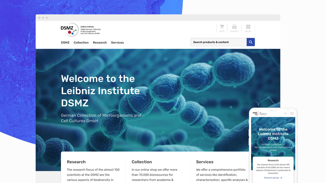 Website-Design f&uuml;r das Leibniz-Institut DSMZ mit einer Nahaufnahme von mikroskopischen Kugel-&auml;hnlichen Zellen oder Mikroorganismen im Hintergrund, die wissenschaftliche Forschung symbolisieren. Die Startseite zeigt ein responsives Layout auf Desktop und mobilen Ger&auml;ten.