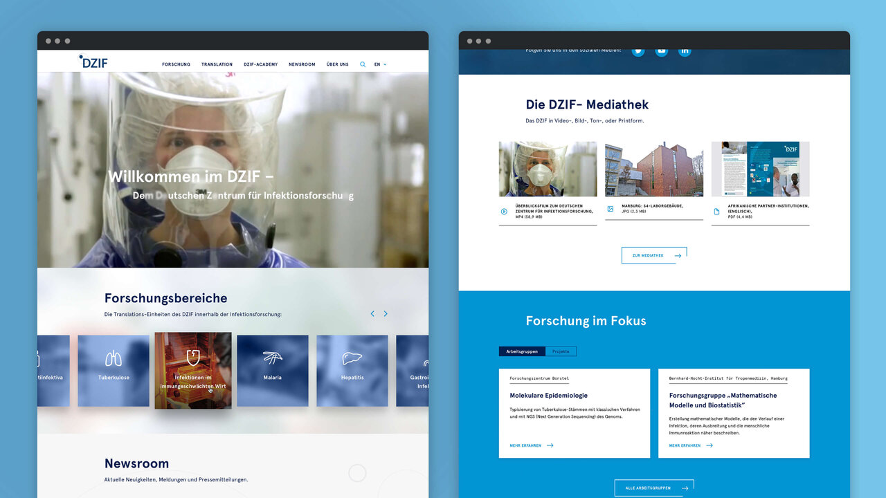 Screenshots der neu gestalteten DZIF-Website mit blau-wei&szlig;em Design, die Forschungsberichte, Mediathek und Forschungsschwerpunkte pr&auml;sentiert, mit einer Darstellung einer Person in Schutzausr&uuml;stung im Hintergrund.
