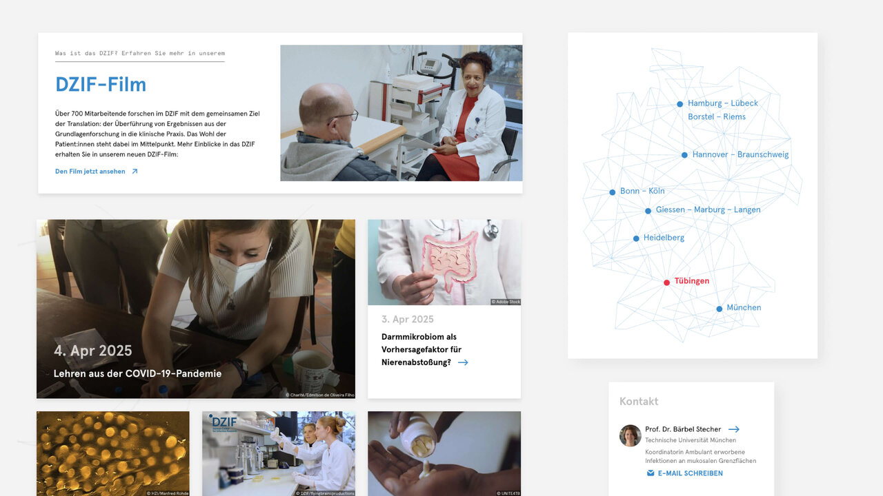 Collage verschiedener Bilder vom DZIF-Film-Projekt, darunter medizinische Laborarbeitspl&auml;tze, Detailaufnahmen und eine Website-Vorschau, die die vielf&auml;ltigen Aspekte der Infektionsforschung und Kommunikation des Deutschen Zentrums f&uuml;r Infektionsforschung zeigen.