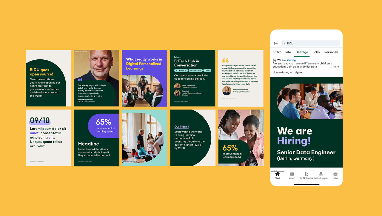 Collage von Designelementen und Stellenausschreibungen in Gr&uuml;n, Gelb und Dunkelgr&uuml;n, mit Statistiken, Profilfotos und Hiring-Ank&uuml;ndigungen f&uuml;r eine Senior Data Engineer Position.